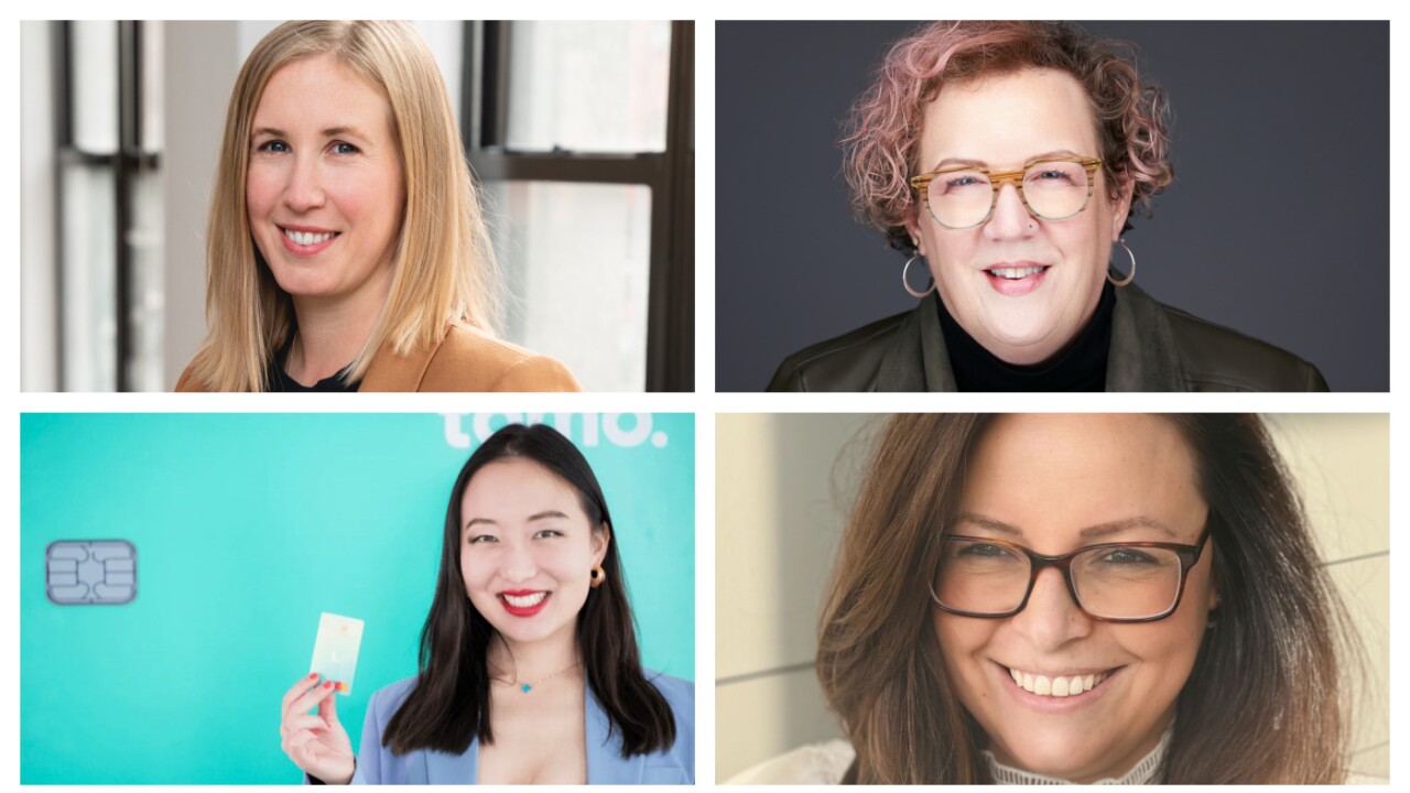 Clockwise from top left: Laura Spiekerman, co-founder and chief revenue officer of Alloy; Lynne Oldham, chief people officer at Stash; Ioana Ellis, interim chief human resources officer at Marqeta; Kristy Kim, co-founder and CEO of TomoCredit.