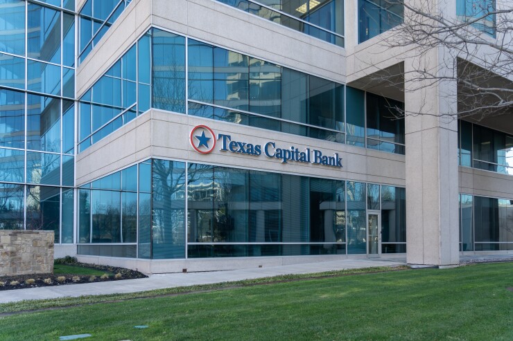 Plano, Texas, USA - March 19, 2022: Texas Capital Bank logo sign on its office building in Plano, Texas, USA. Texas Capital Bank is an American commercial bank.