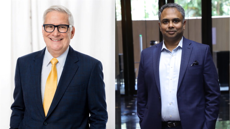 A diptych of two men in suits: on the left, a smiling man with glasses and a gold tie; on the right, a man in a blue blazer.