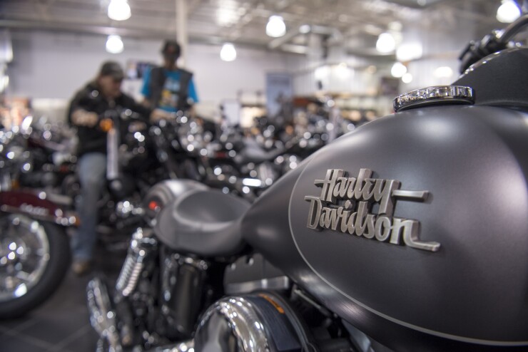 The Harley-Davidson logo on a motorcycle at a dealership in Oakland, California.