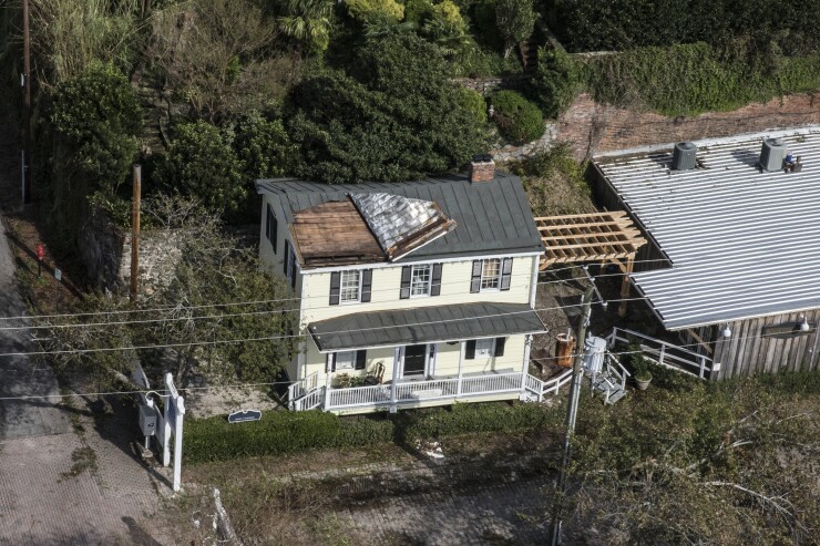 A damaged roof after Hurricane Florence in Wilmington, North Carolina, in 2018.