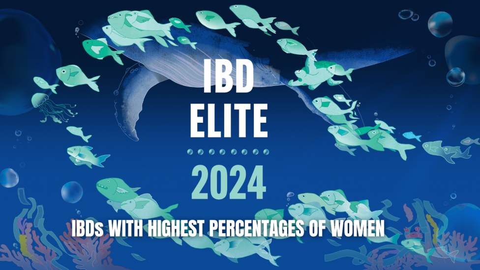 A group of smaller green fish swim next to a giant whale around a title reading, "IBD Elite 2024: IBDs with highest percentages of women"