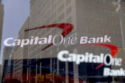 Capital One signage is displayed outside a bank branch in New York.