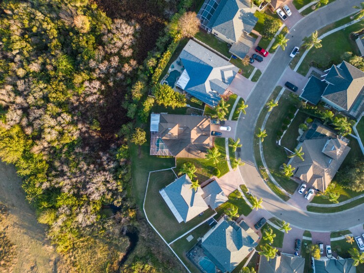 Aerial view from a drone of Florida homes in a neighborhood near Tampa