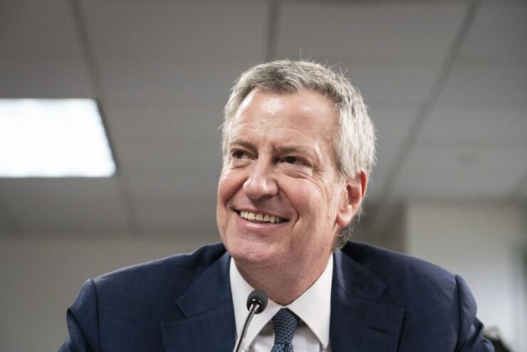 Bill de Blasio, mayor of New York, smiles during a public hearing on school governance and mayoral control in New York, U.S., on Friday, March 15, 2019.