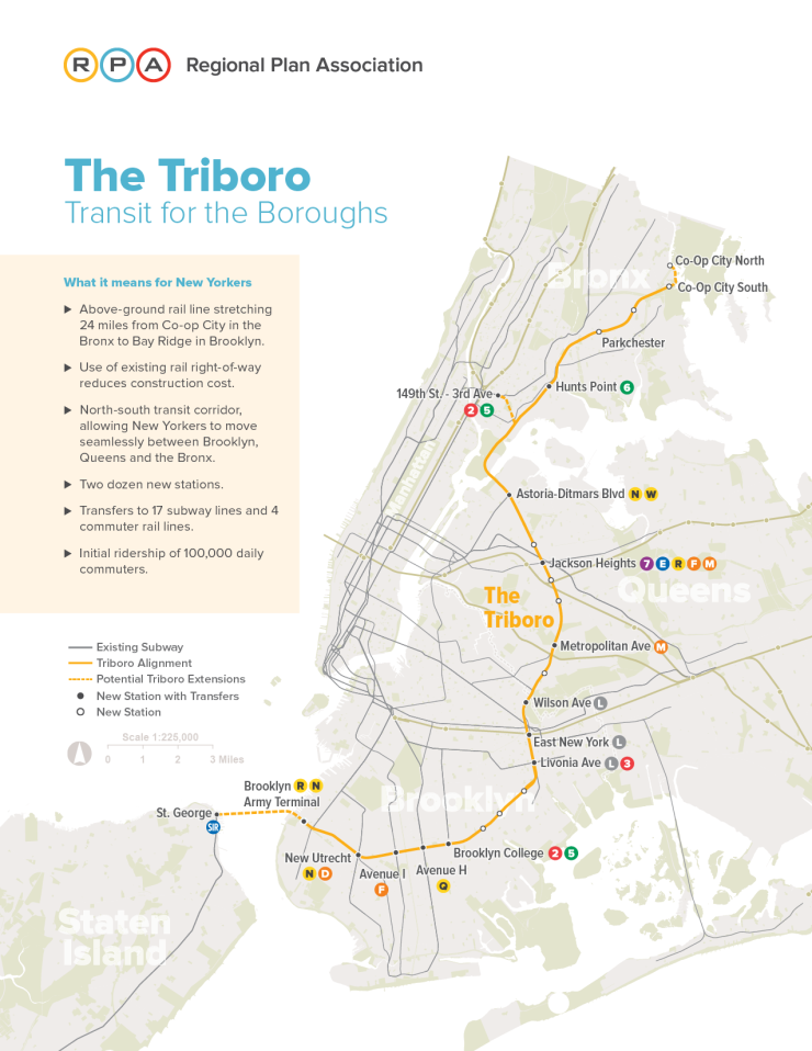 map depicting proposed Triboro rail line