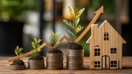 A house and a pile of coins symbolizing high-growth demand in the real estate market for housing and property investment