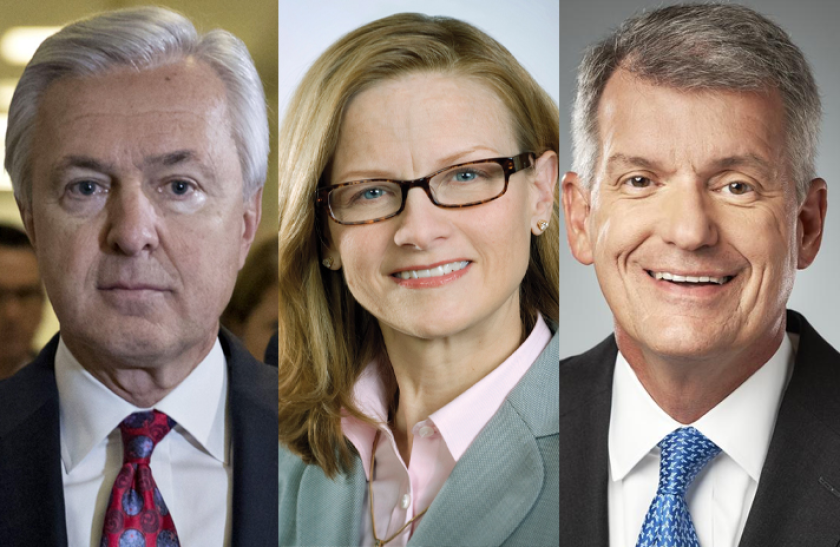 Former Wells Fargo CEO John Stumpf, left, said in testimony that problems in the community banking unit led by Carrie Tolstedt, center, were "systemic." Tim Sloan, right, replaced Stumpf as CEO in 2016 and resigned in early 2019.