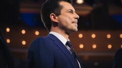 Pete Buttigieg, mayor of South Bend and 2020 presidential candidate, stands on stage during the Democratic presidential candidate debate in Miami on June 27, 2019.