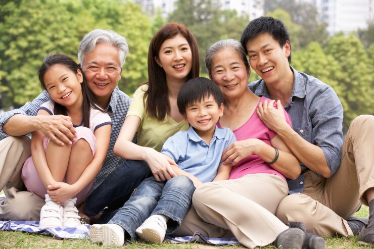 Portrait Of Multi-Generation Chinese Family Relaxing In Park Together