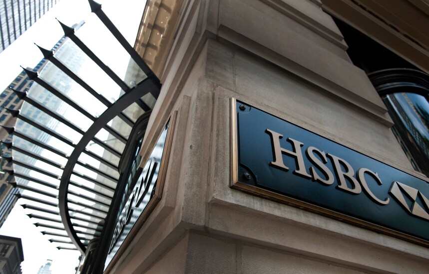 HSBC signage is displayed outside of a branch in New York.