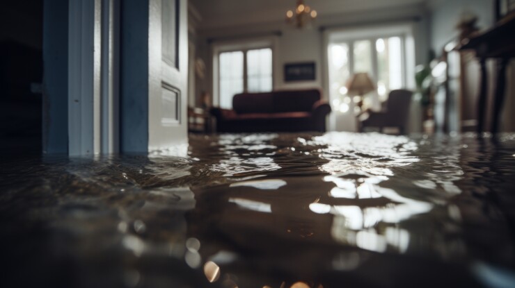 A flooded floor with a blurred living room in the background.