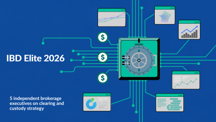 An illustrated image with a blue background and the title for Financial Planning's IBD Elite 2026 study, including the label "5 independent brokerage executives on clearing and custody strategy," shows money signs and computer or app screens that display wealth management clearing and custody strategies.