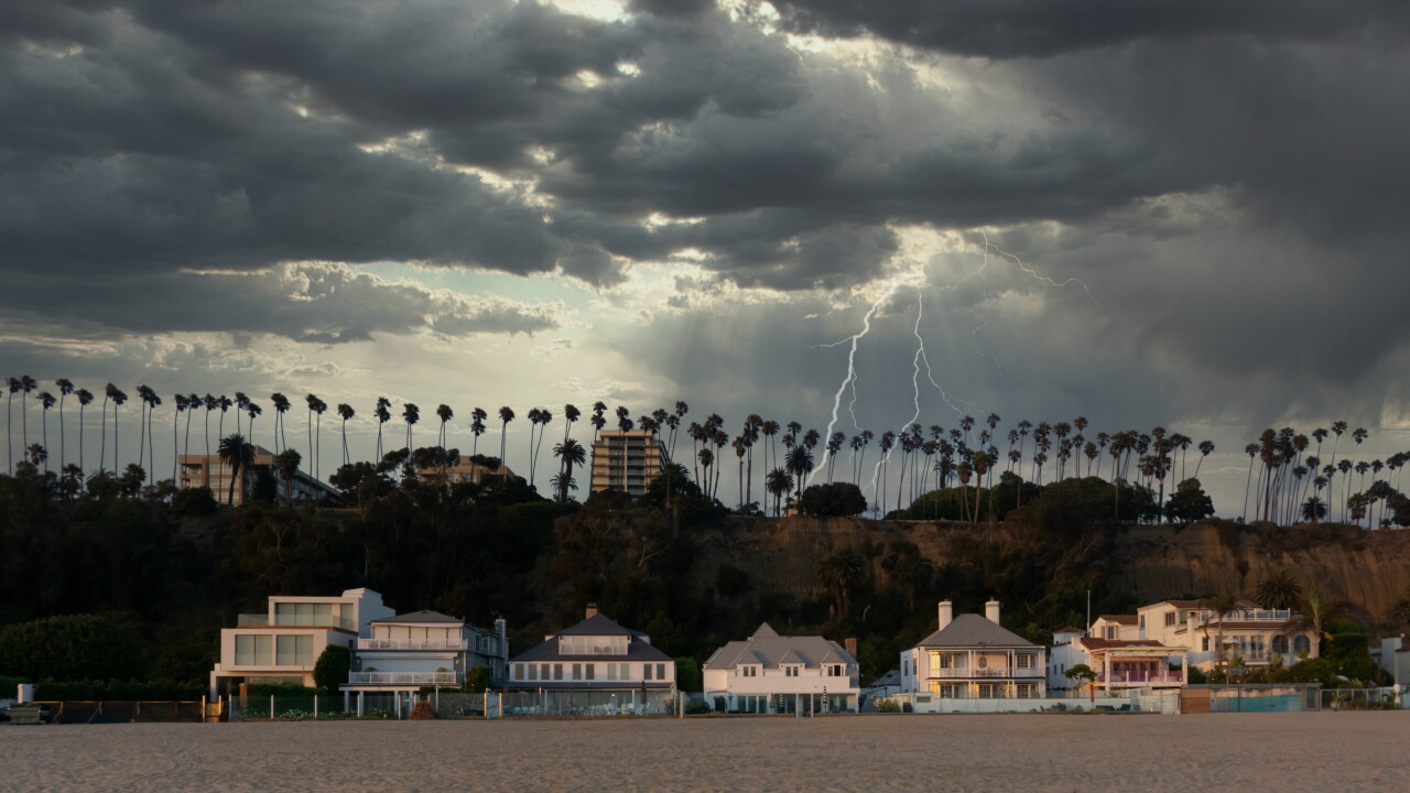 Coastal homes, lightning storm