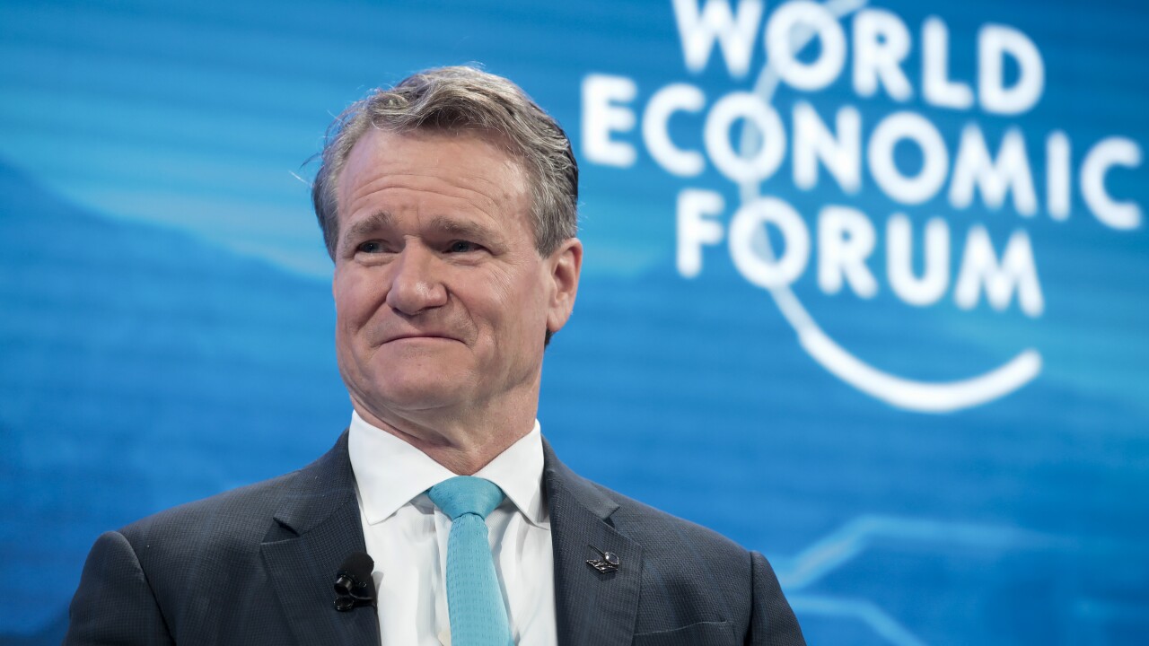 Brian Moynihan, chief executive officer of Bank of America, reacts during a panel session on the opening day of the World Economic Forum in Davos, Switzerland, on Tuesday, Jan. 22, 2019.