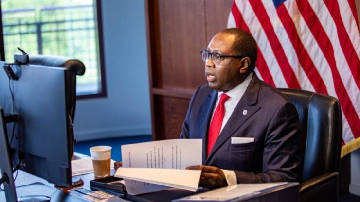 NCUA Chairman Rodney Hood, pictured here during virtual testimony before the Senate Banking Committee earlier this year.