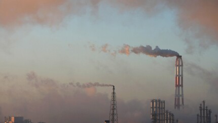 Chemical plants release trails of steam in Kamisu City, Japan.