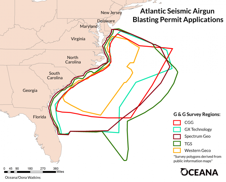 Graphic by Oceana showing the region where permits are being sought for underwater seismic testing in 2019.