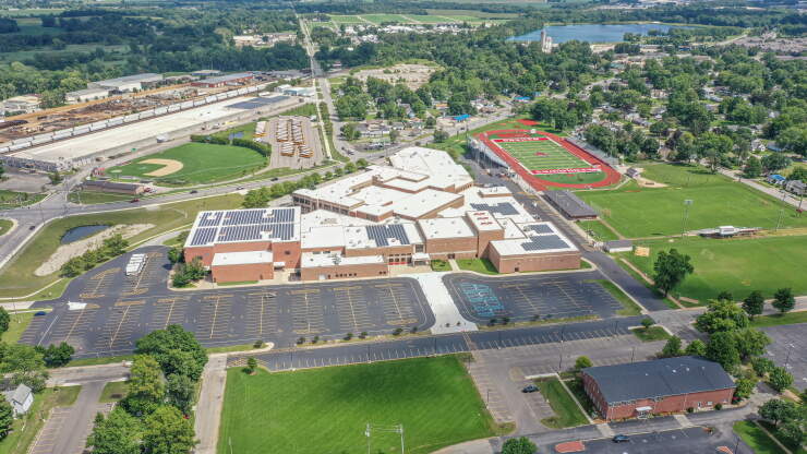 Aerial view of high school in Goshen, Indiana