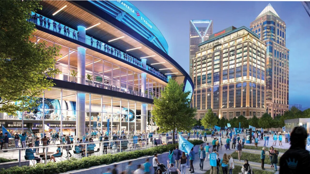 Rendering of exterior of Charlotte's Bank of America stadium after renovations.