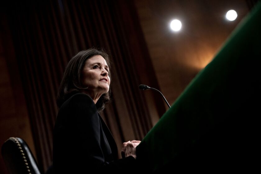 Judy Shelton, President Trump's nominee for governor of the Federal Reserve, speaks during a Senate Banking Committee confirmation hearing in Washington on Feb. 13, 2020.