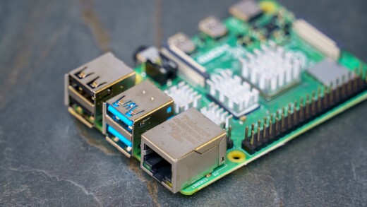 Raspberry Pi 4 B circuit board on a grey slate background