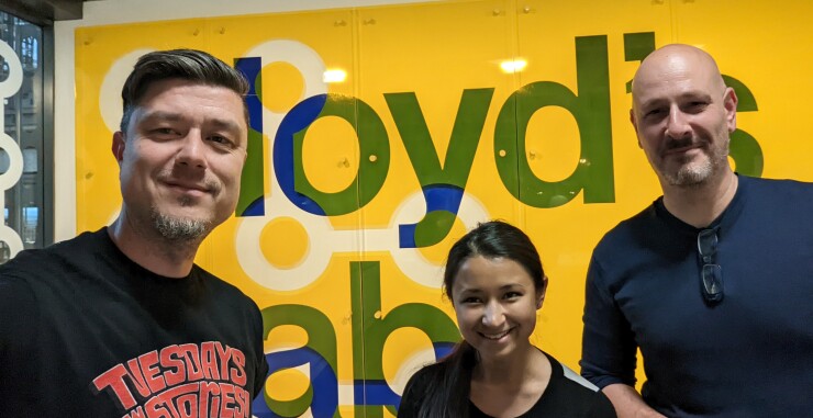 Otonomi executives at Lloyd's Lab in London: Yann Barbarroux, CEO and co-founder; Cecilia Rogers, partnership relationship manager; and Bertrand Leseigneur, marekting growth strategist.