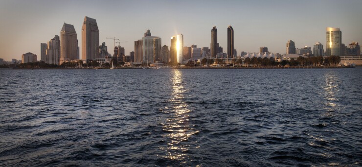A picture of the San Diego skyline.