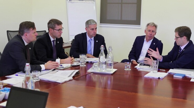 (left to right) Will Day of the Australian Taxation Office, Eric Ferron of the Canadian Revenue Agency, Don Fort of IRS Criminal Investigation, Hans van der Vlist of the Dutch Fiscal Information and Investigation Service, and Simon York of Her Majesty’s Revenue and Customs