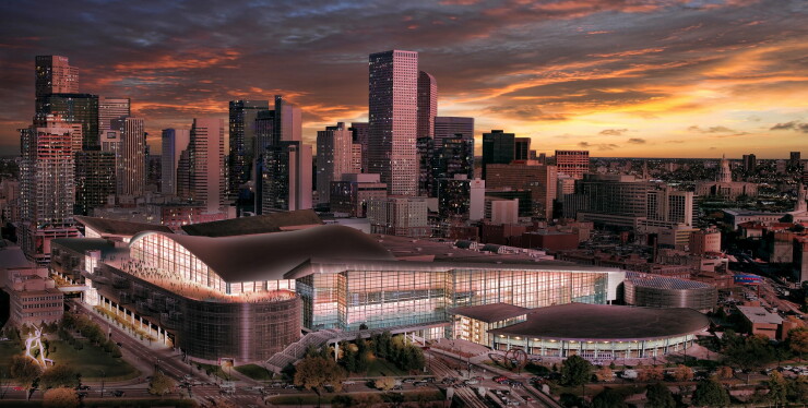 A 2018 rendering depicts Colorado Convention Center expansion plans in downtown Denver.