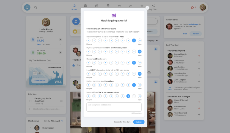 Screenshot of employee recognition software Motivosity