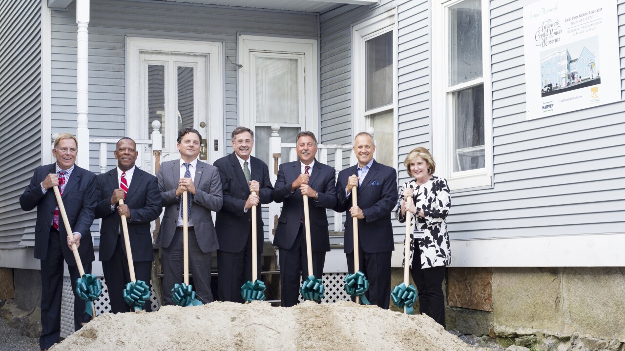America's Credit Union Museum groundbreaking ceremony. From left to right: Richard L. Ensweiler, retired CEO of Cornerstone Credit Union League, Michael Ray, CEO of Hoya Federal Credit Union, Peter J. Lemire, Esq., Ronald H. Covey, Jr., president and CEO of St. Mary’s Bank, Michael L’Ecuyer, Chairman of the ACUM Board and president and CEO of Bellwether Community Credit Union, Jim Nussle, president and CEO of Credit Union National Association, and Patricia Lynott, SVP, Academic Affairs, Southern NH University.
