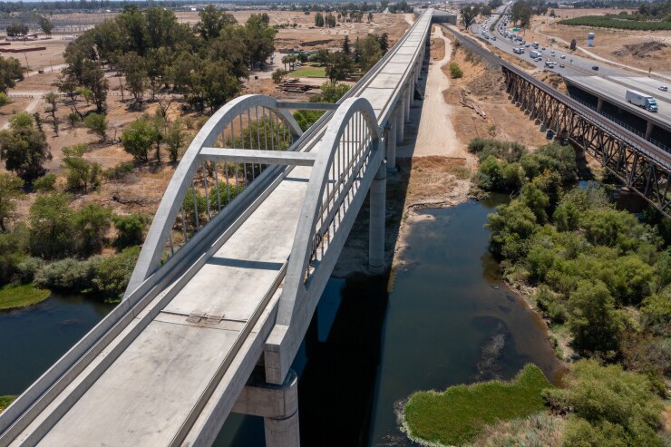 The San Joaquin River Viaduct spans the San Joaquin River in north Fresno and the Union Pacific tracks. It will allow high-speed trains to cross above the river and the freight railroad.