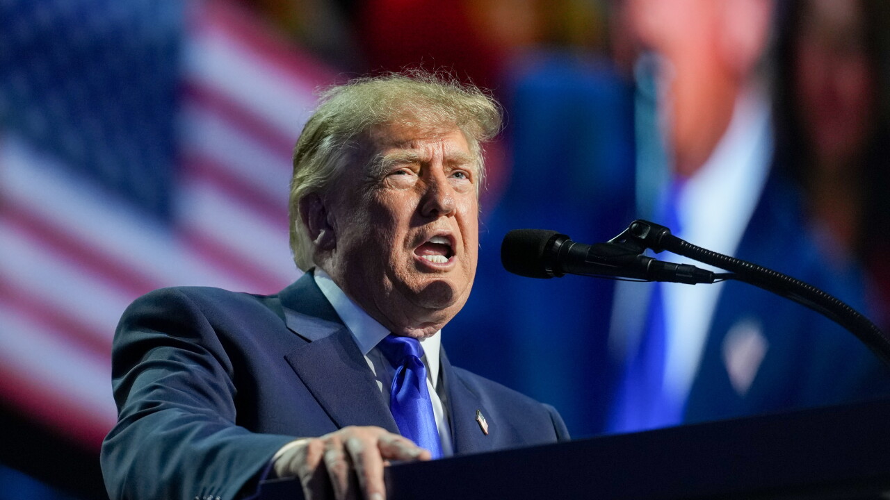 Donald Trump speaks during the first day of the Republican Midterm Convention at the American Airlines Center in Dallas