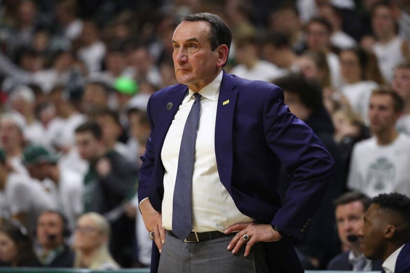 Head coach Mike Krzyzewski of the Duke Blue Devils