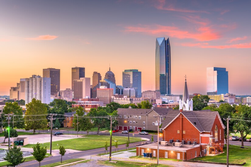Oklahoma City, Oklahoma, USA downtown skyline at twilight.