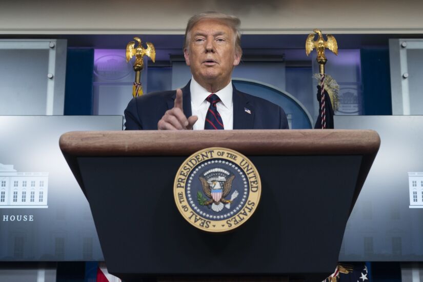 U.S. President Donald Trump speaks during a news conference in the James S. Brady Press Briefing Room at the White House in Washington, D.C., U.S. on Tuesday, Aug. 4, 2020. After weeks of criticizing vote-by-mail, Trump took to Twitter today to promote it in his home state of Florida. Photographer: Chris Kleponis/Polaris/Bloomberg
