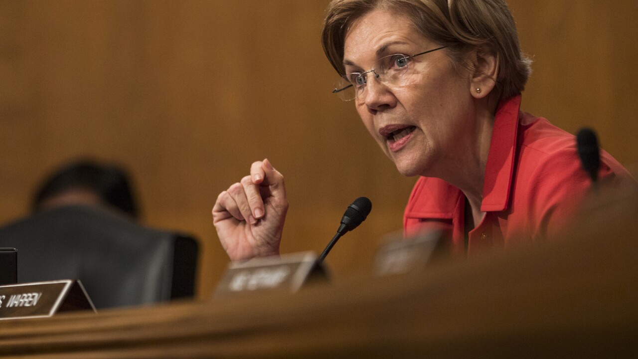 Senator Elizabeth Warren, Democrat of Massachusetts, during Senate Banking commitee hearing October 2017