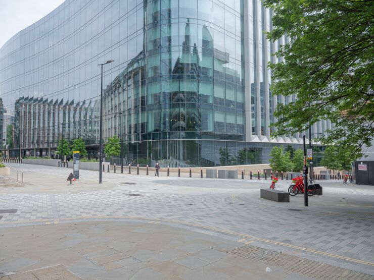 The U.K. headquarters of Goldman Sachs Group Inc. in the City of London, U.K., on July 9, 2021. With the vast majority of the Square Miles 500,000 office staff working from home during the pandemic, once-bustling streets have been largely deserted.