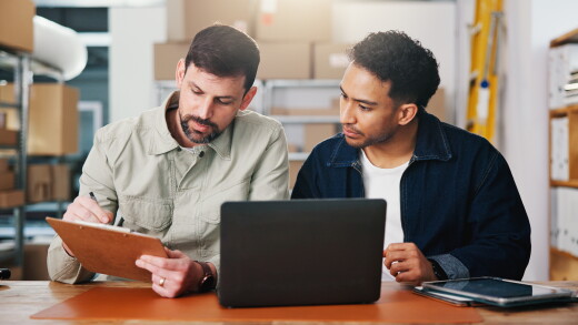 Review, checklist or people in office of small business, sales progress or parcel shipping for logistics. Check report, entrepreneur team or men planning for order fulfillment, delivery or stock info.