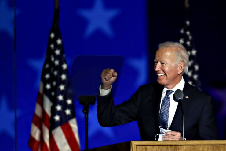 Joe Biden, 2020 Democratic presidential nominee, gestures while arriving during an election night party in Wilmington, Delaware, U.S., on Wednesday, Nov. 4, 2020. Donald Trump falsely declared early Wednesday he had won re-election against Biden and said he would ask the Supreme Court to intervene, even as several battleground states continue to count votes. Photographer: Stefani Reynolds/Bloomberg