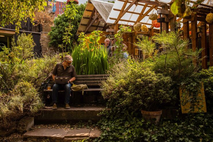 A visitor works at a laptop computer inside the Dalston Eastern Curve Garden, a community urban garden area that received funding from the Grow Back Greener Fund, in the Hackney district of London, UK, on Friday, July 29, 2022. The London borough of Hackney has one of the UK’s most ambitious greening programs, with a goal to plant 5,000 street trees this year to help lower heat and improve air quality. Photographer: Jose Sarmento Matos/Bloomberg