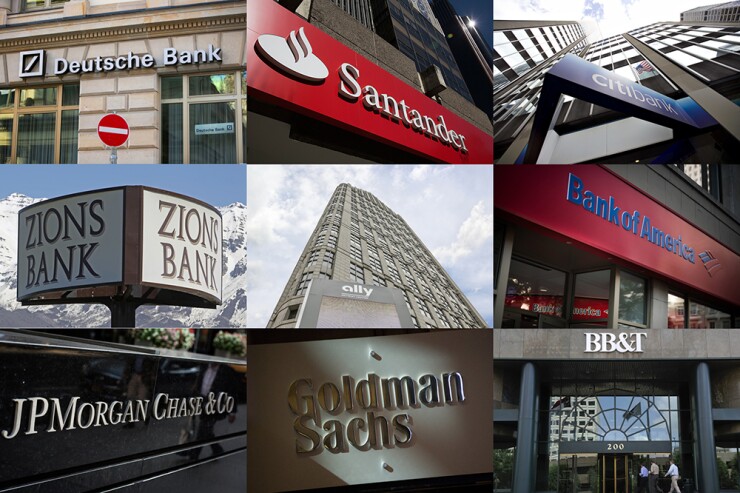 Branch signs of nine banks involved in the 2017 U.S. stress tests.