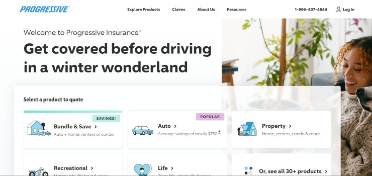 The home screen of the Progressive website.