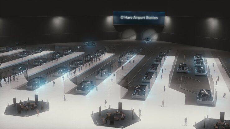 rendering of proposed Boring Company station at Chicago's O'Hare International Airport.