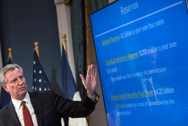 New York City Mayor Bill de Blasio presents his 2019 preliminary budget on Feb. 1, 2018.