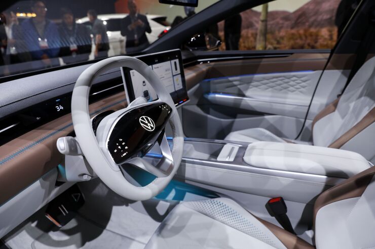 The interior of the Volkswagen AG (VW) I.D. Space Vizzion electric vehicle crossover concept car is seen during AutoMobility LA ahead of the Los Angeles Auto Show in Los Angeles, California, U.S., on Wednesday, Nov. 20, 2019. Engines are taking a back seat to motors at this year's Los Angeles Auto Show as carmakers showcase the latest electric additions to their vehicle lineups. Photographer: Patrick T. Fallon/Bloomberg