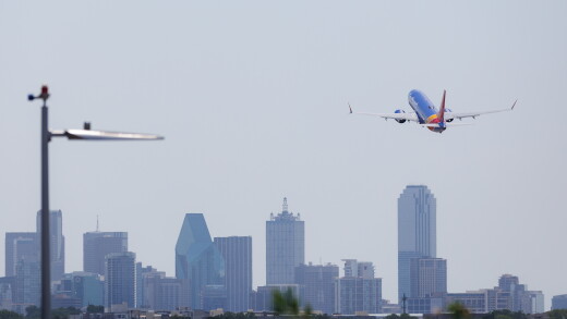 A Southwest Airlines plane take off at Dallas Love Field in August 2025.