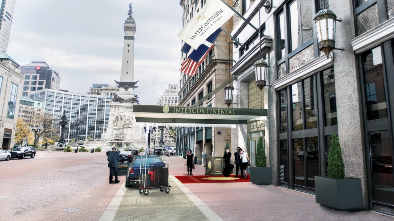 Rendering depicts bond-supported renovation of an old Indianapolis building into an Intercontinental brand hotel.