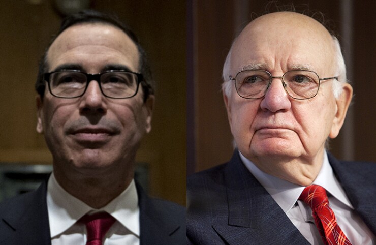 Steven Mnuchin (left) and Paul Volcker
